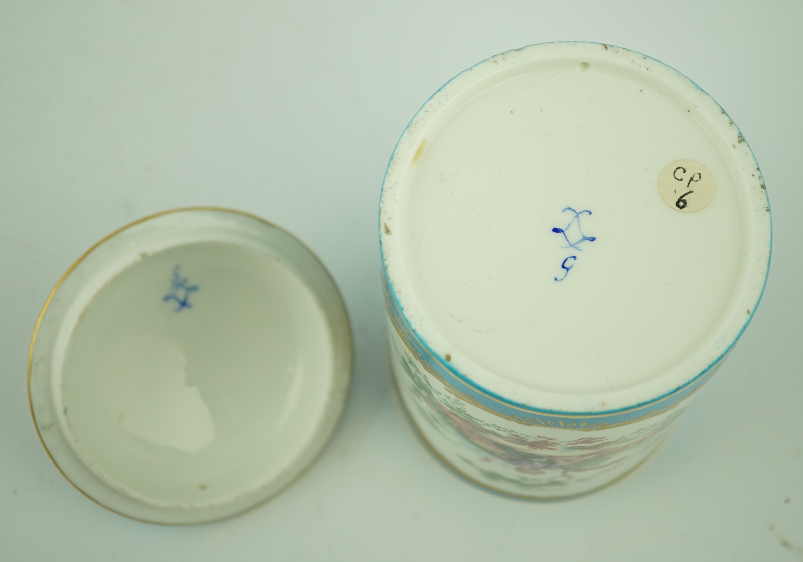 A Sevres bleu-celeste ground tobacco jar and cover (Pot à tabac), date code for 1759